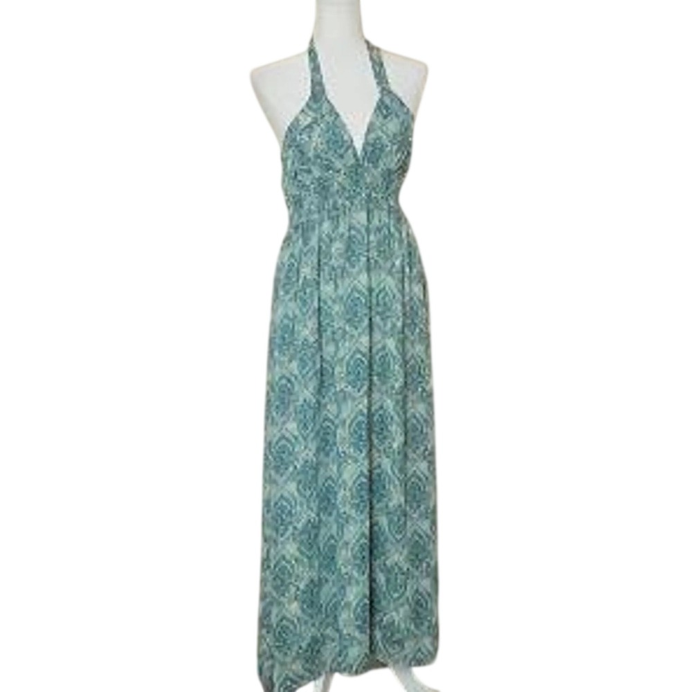VICI Teal‎ Medallion Print Metallic Halter Maxi Dress Large